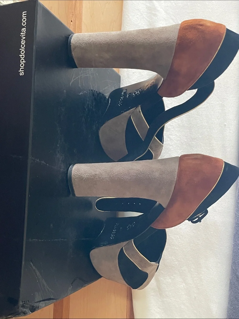 Dolce Vita Multi-Panel Platform Sandals in Black, Brown and Tan with Gold Trim